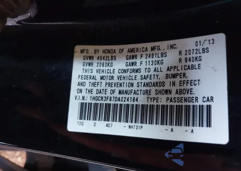 2013 Honda Accord Ex-L V-6 from USA, damaged, VIN 1HGCR3F87DA024184